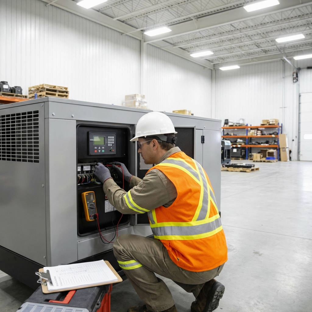 Técnico realizando mantenimiento en generador